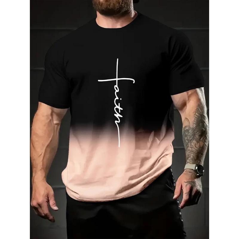 Summer Round Neck 3D Gradient letters Print Top Fashionable Casual Short Sleeved Men's T-shirts