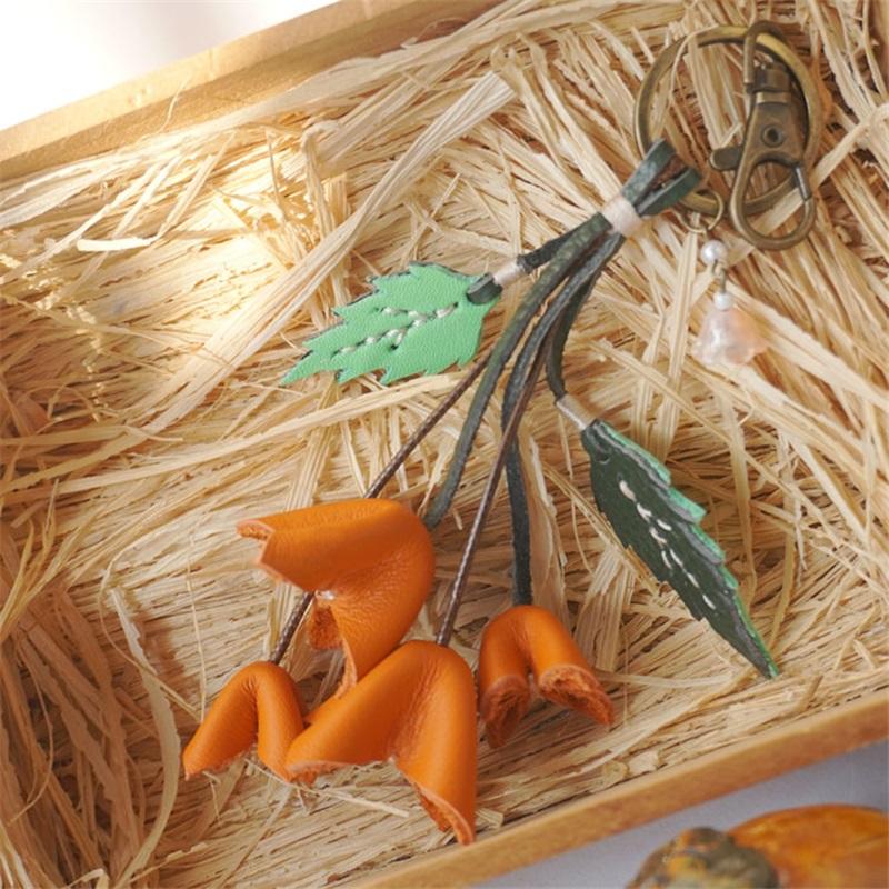 Handmade Genuine Leather Keychain with Flowers and Leaves, Bag Accessory