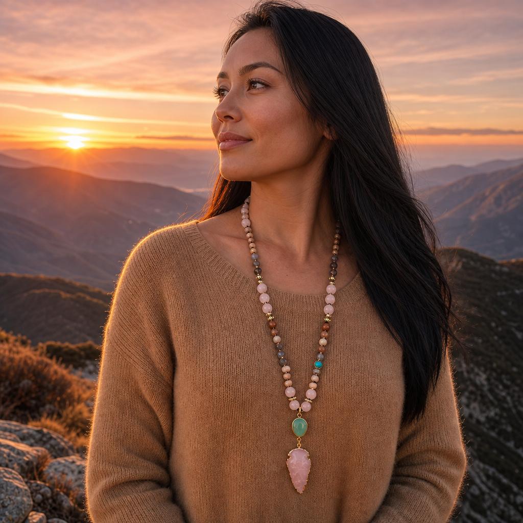 Fashion Exquisite Bohemian Jewelry Women's Prayer Yoga 108 Mala Necklace Multicolor Natural Gemstone Arrow Pendant Necklace