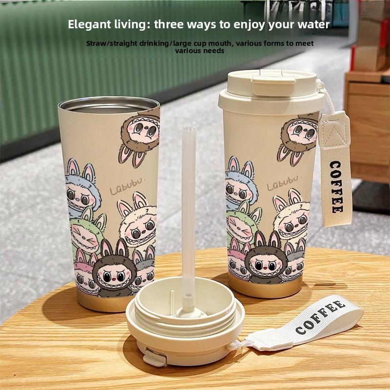 Large-capacity Stainless Steel High-value Double-drink Thermos Cup, Seven Straws, Car Coffee Cup, Cute