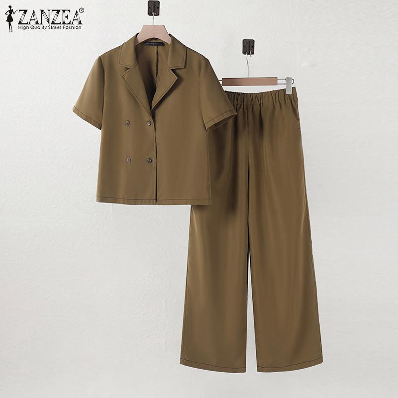 ZANZEA Women Short Sleeve Blouse and Pants Casual Two Piece Sets