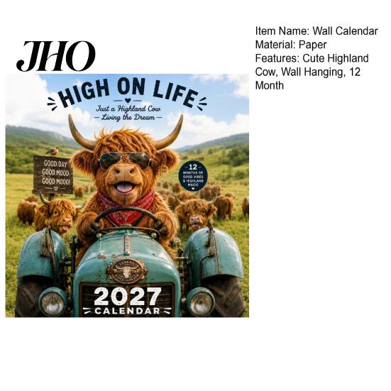 Personalized Schedule Organizer 2027 Funny Highland Cow Wall Calendar, Cute Farm Animal 12 Month Gift for Lovers Scottish Hanging Planner Rustic Home