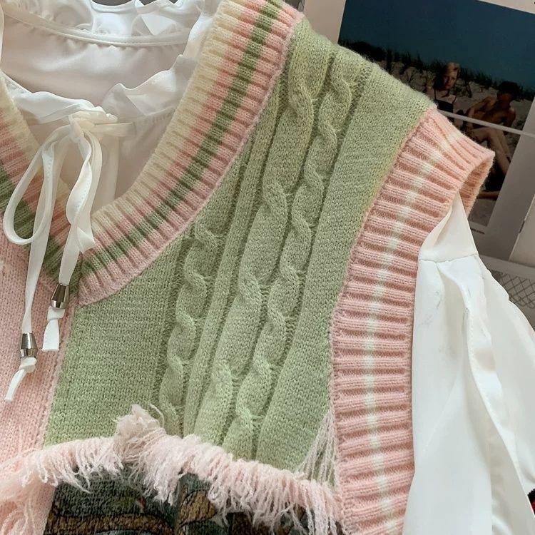 2025 Girls' Knitted Vest & Shirt Two-Piece Set - Stylish Spring/Autumn Fashion