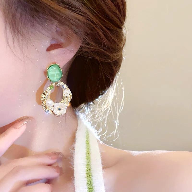 Silver Needle Dangle Earrings: Inlaid Diamond, Floral Pearl, Pleated Hollow Design, Fairy Style