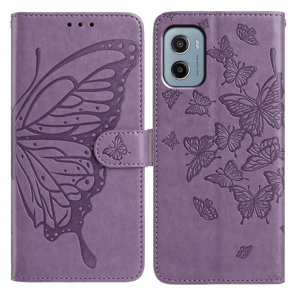 Schutzhülle mit Schmetterlingsmuster für Motorola Moto E15 4G/G05 4G: Klapphandyhülle aus PU-Leder mit Ständer und Tragegurt