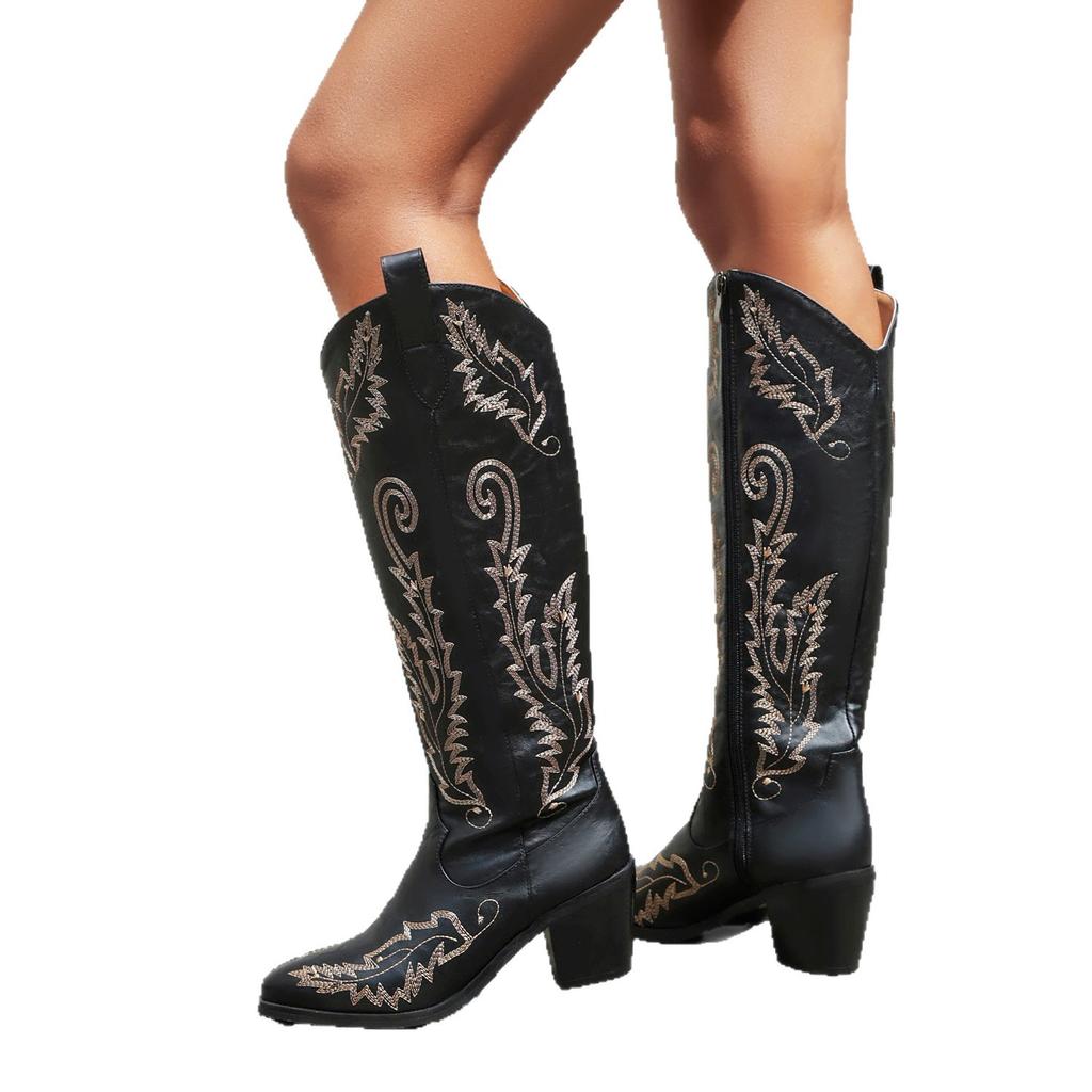 Large Size Boots Women'S High Heel Black Tall Boots Western Cowboy Knight Boots