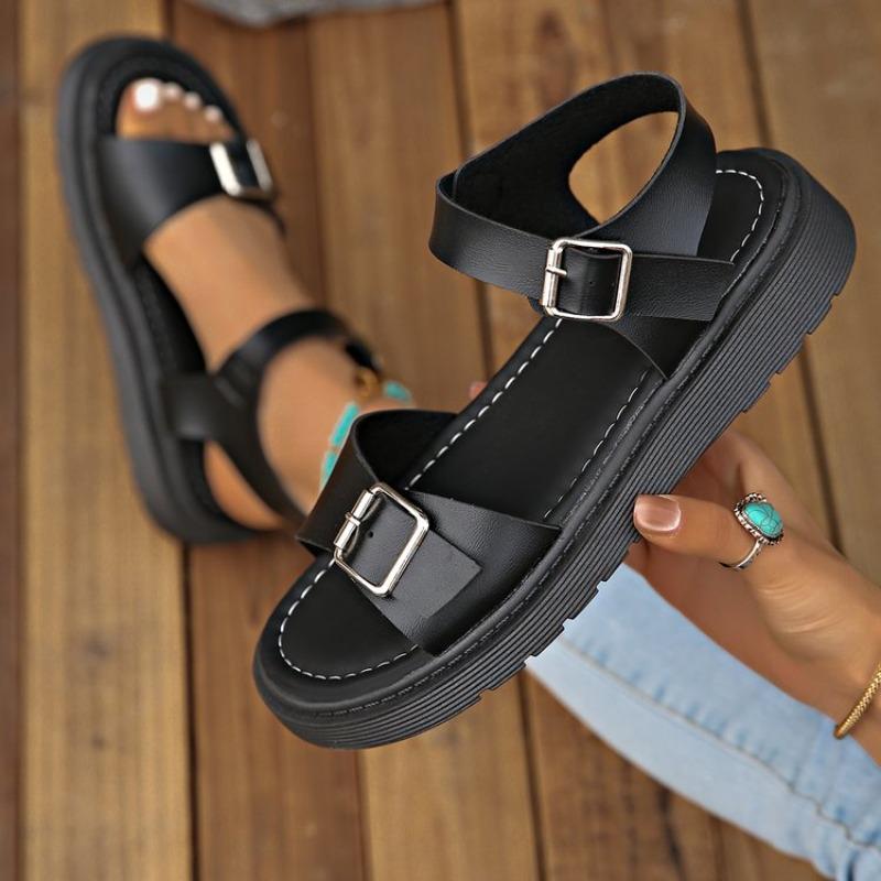 2026 new Summer One line casual buckle Large size Women's Shoes Thick Sole Solid color Outdoor comfortable beach Roman Sandals