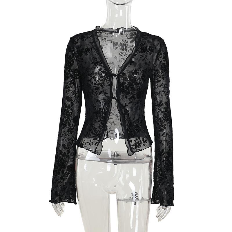 

Autumn New Fashionable Chiffon Slim Fit Ruffle Trumpet Sleeve Shirt for Women L