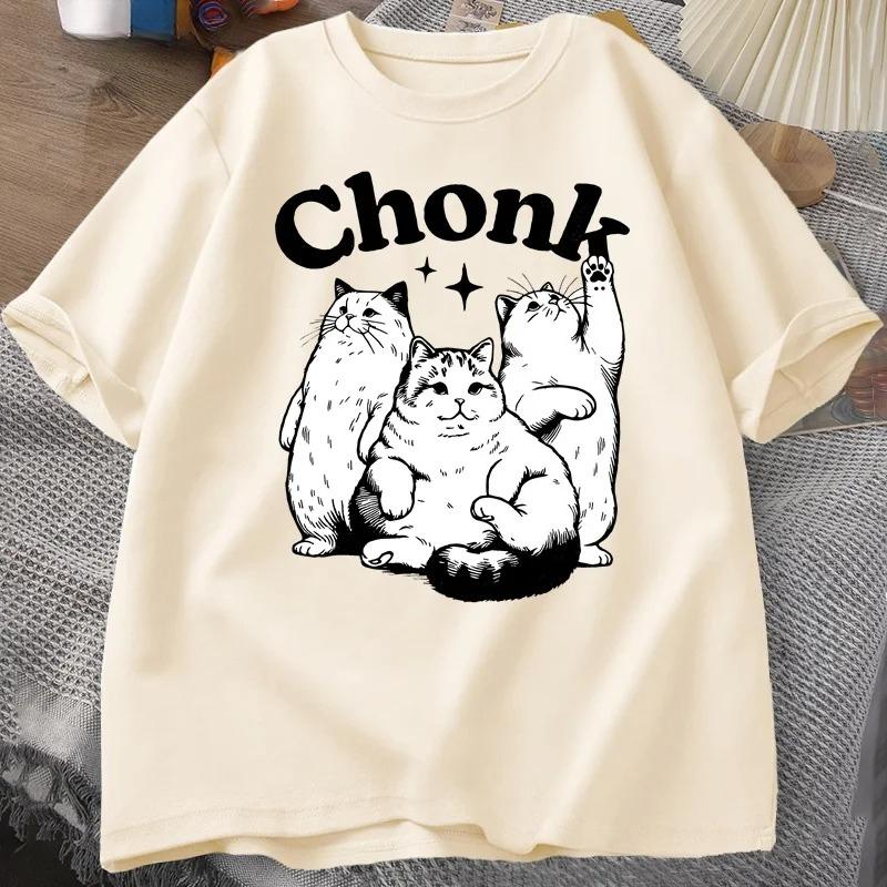 Ladies Casual Short Sleeved Tshirt with Cute Cartoon Cat Chonk Letter Print Fashionable Daily Ladies Tshirt