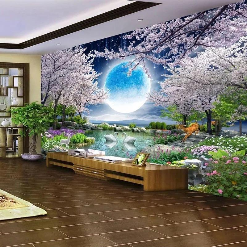3d Maan Bloemen Foto Behang Boom Zwaan Landschap Muurschildering Woonkamer Slaapkamer Achtergrond Muurpapier Decor