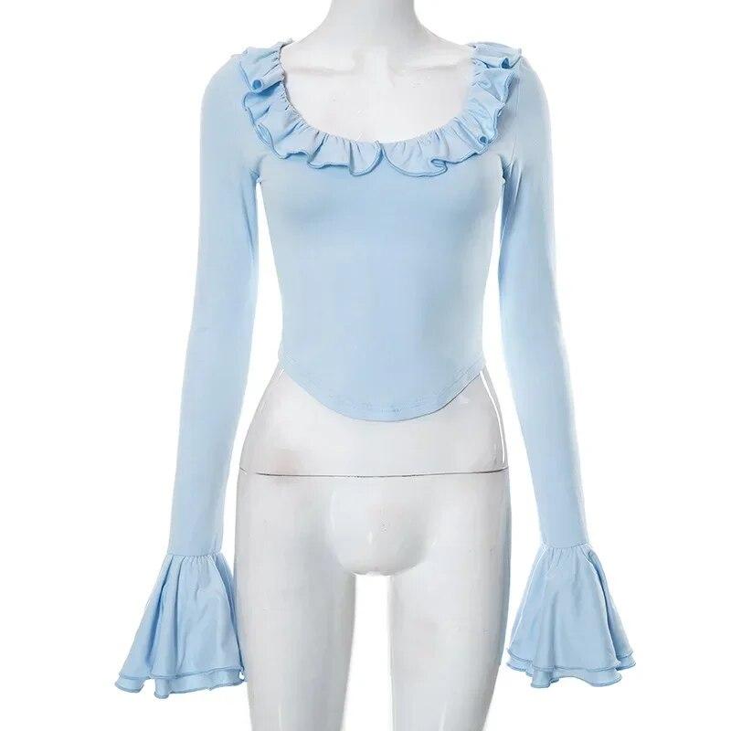 

Осенняя тонкая женская футболка на шнуровке Y2K с рюшами, расклешенные укороченные футболки с длинными рукавами, топы с круглым вырезом, однотонные хлопковые футболки для женщин 29849 L синий