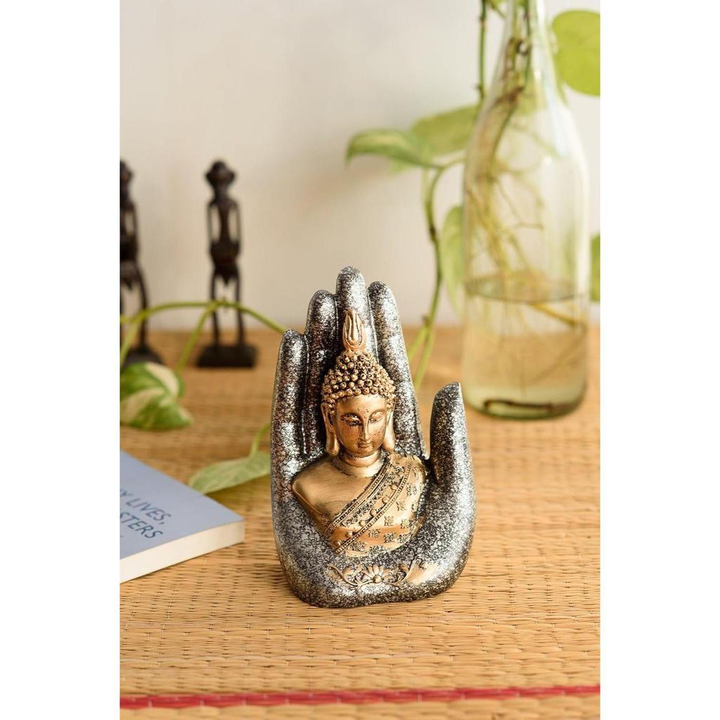 Goldene Silberharz Handgefertigte Handflächen-Buddha-Statue für Heimdekor Wohnzimmer | Lord Buddha Idol Ausstellungsstück Geschenk