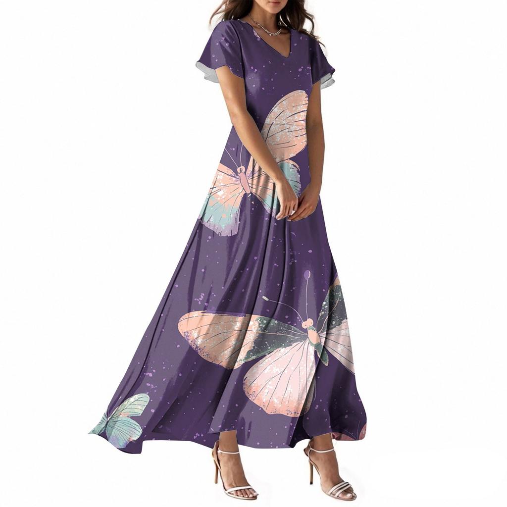 Women's Summer Casual Fashion Butterfly Print Dress V Neck Short Sleeve Dress