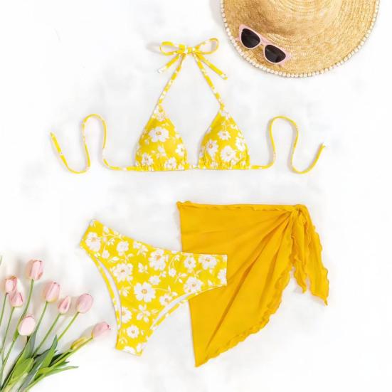 3Pcs/Set Swimsuit Set Halter Chest Pads No Underwire Bra Swimming Briefs Sheer Trim Cover Up Skirt Set Floral Print Split Swimsuit