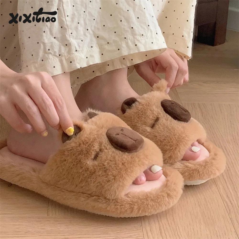 Fashion Indoor Warm Soft Sole Fluffy Slippers for Woman Autumn Winter Warm Shoes Cute Cartoon Flip-flops Couples Home Bedroom Slides