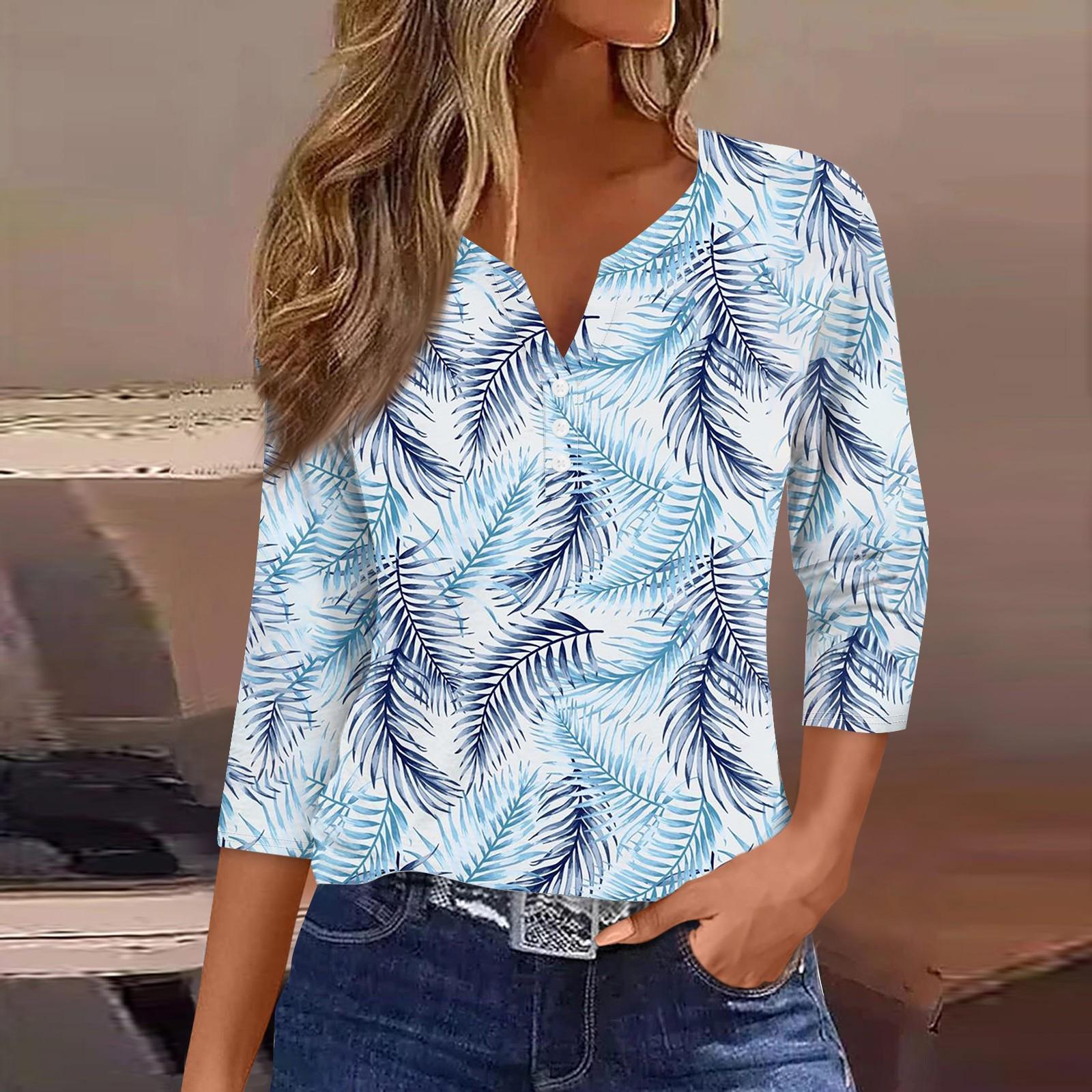 

Жен. Футболка Футболка С принтом Пуговицы Рукав 3/4 Повседневные Выходные Мода Классический Классический V-образный вырез Обычный Верх XXL синий