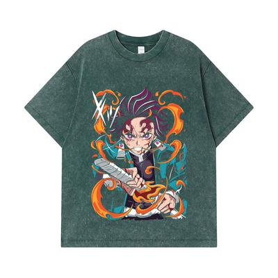 275 GSM Washed T-shirts 100% Cotton Demon Slayer V64 Tanjiro Fire Breathing Print Unisex Heavy Cotton T Shirt