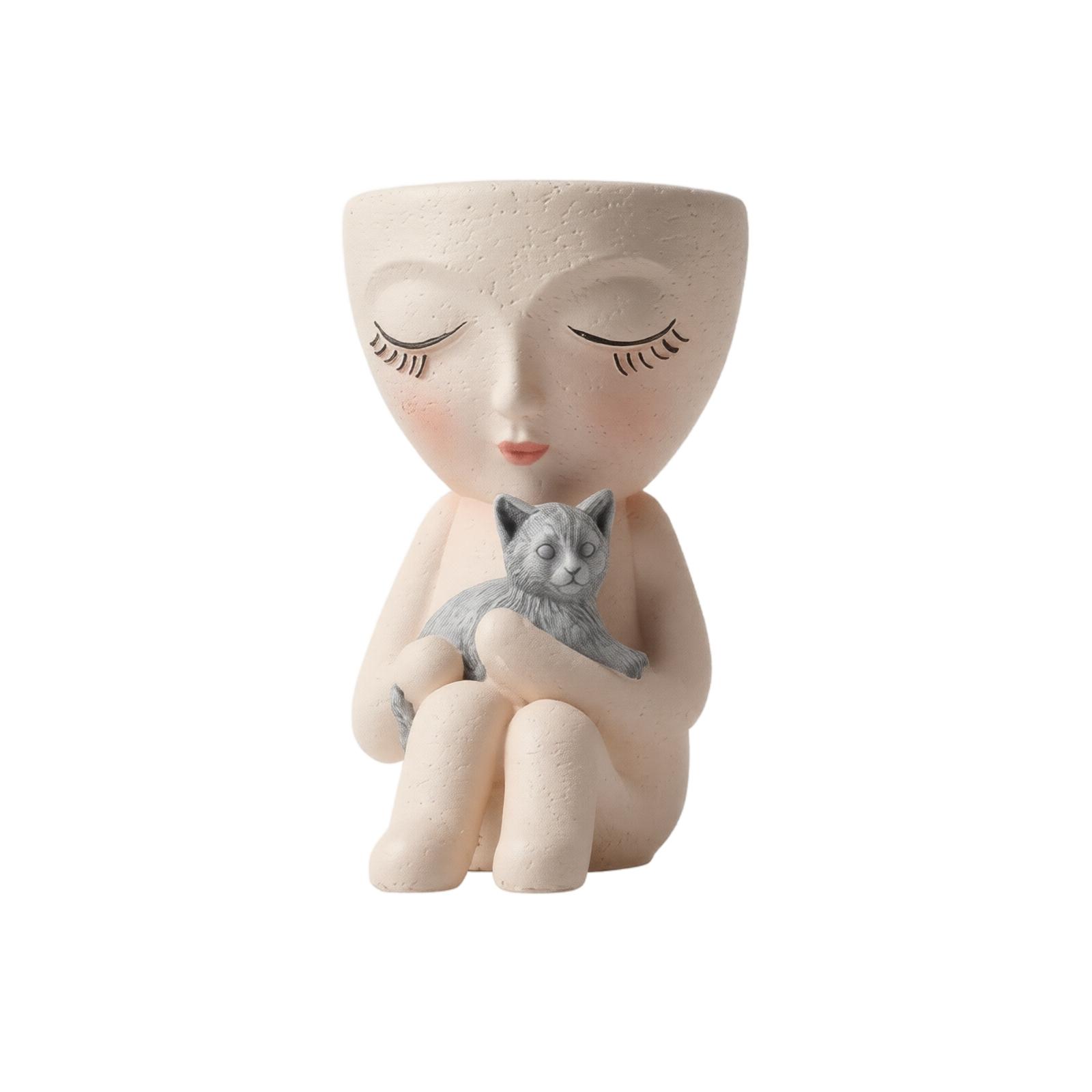 

Resin Decorative Vase with Sitting Figure Holding a Cat Creative Garden Ornament Indoor Outdoor Sculpture for Home Decoration One Size