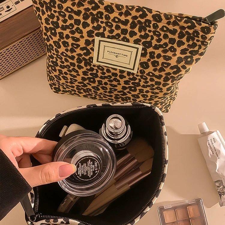 Leopard Print Canvas Makeup Bag For Women, Portable Travel, Skincare Products, Lipstick Storage Bag, Toiletry Bag