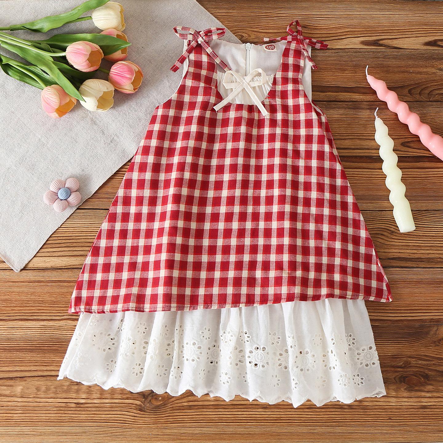 Girls Summer Sleeveless Plaid Dress Fashionable Fake Two Piece Princess Vest Dress For Kids 100cm