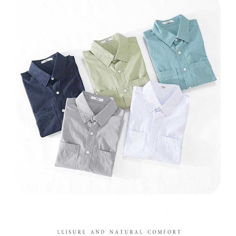 Summer Men's Casual Shirt Daily Pure Cotton Short Sleeve Shirt Lapel Collar Solid Color Double Pockets Shirt Youth Simple Style Men Clothing