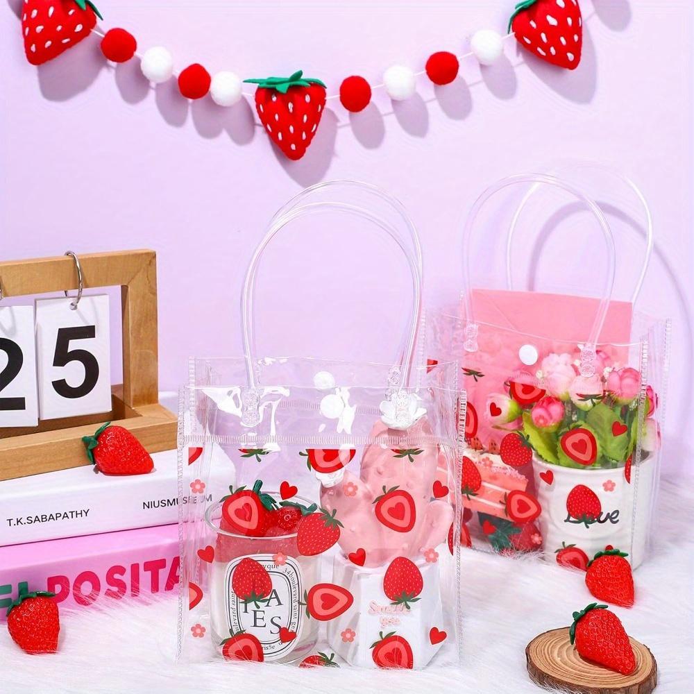 5pcs Strawberry Clear Gift Bags Cute Fruit Party Favor Bags with Handles Shopping Bag Red Heart Strawberry Bags Treat Tote Bags Gift Wrap Bags Handbag