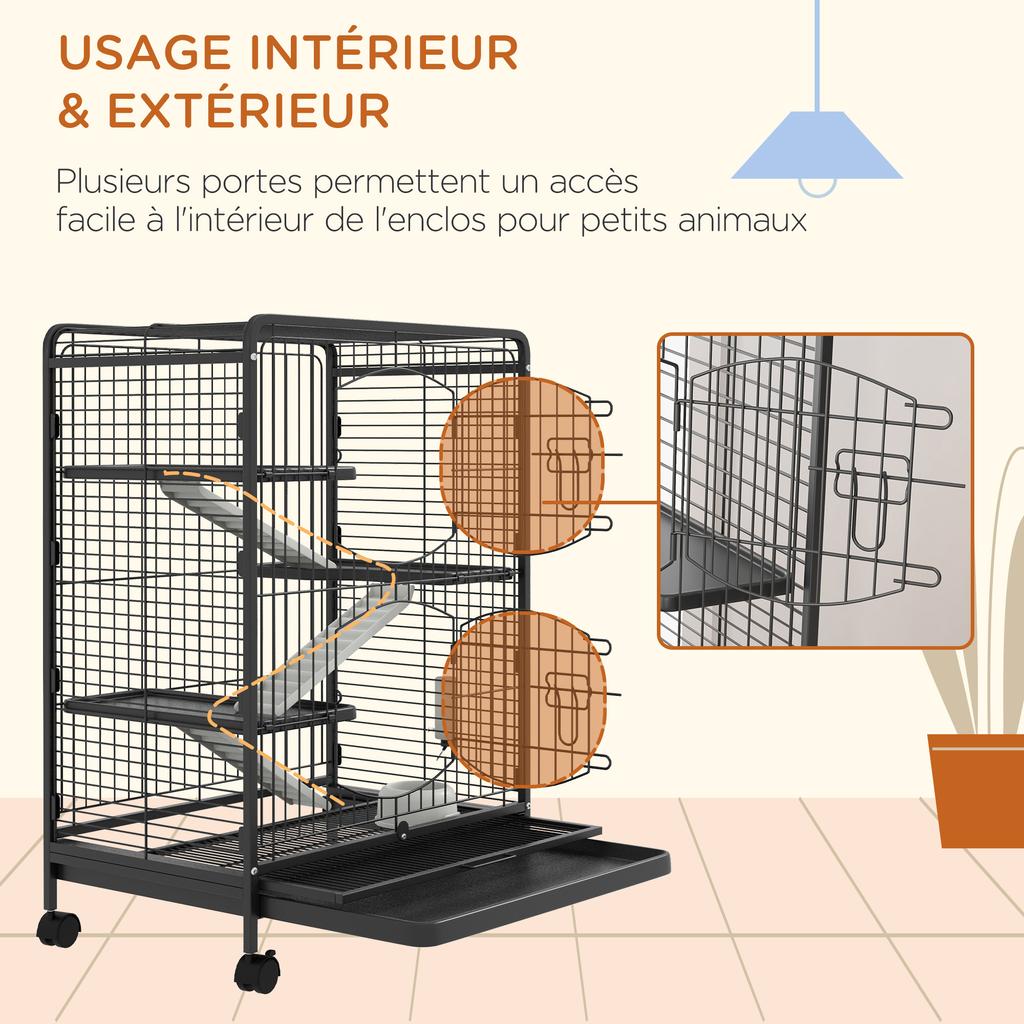 Gabbia per Roditori Gabbia per Piccoli Animali su Ruote 3 Rampe 3 Piattaforme Ciotola e Bottiglia d'Acqua Vassoio Inferiore Rimovibile per Coniglio Visone Cincillà 61,5x44x95cm