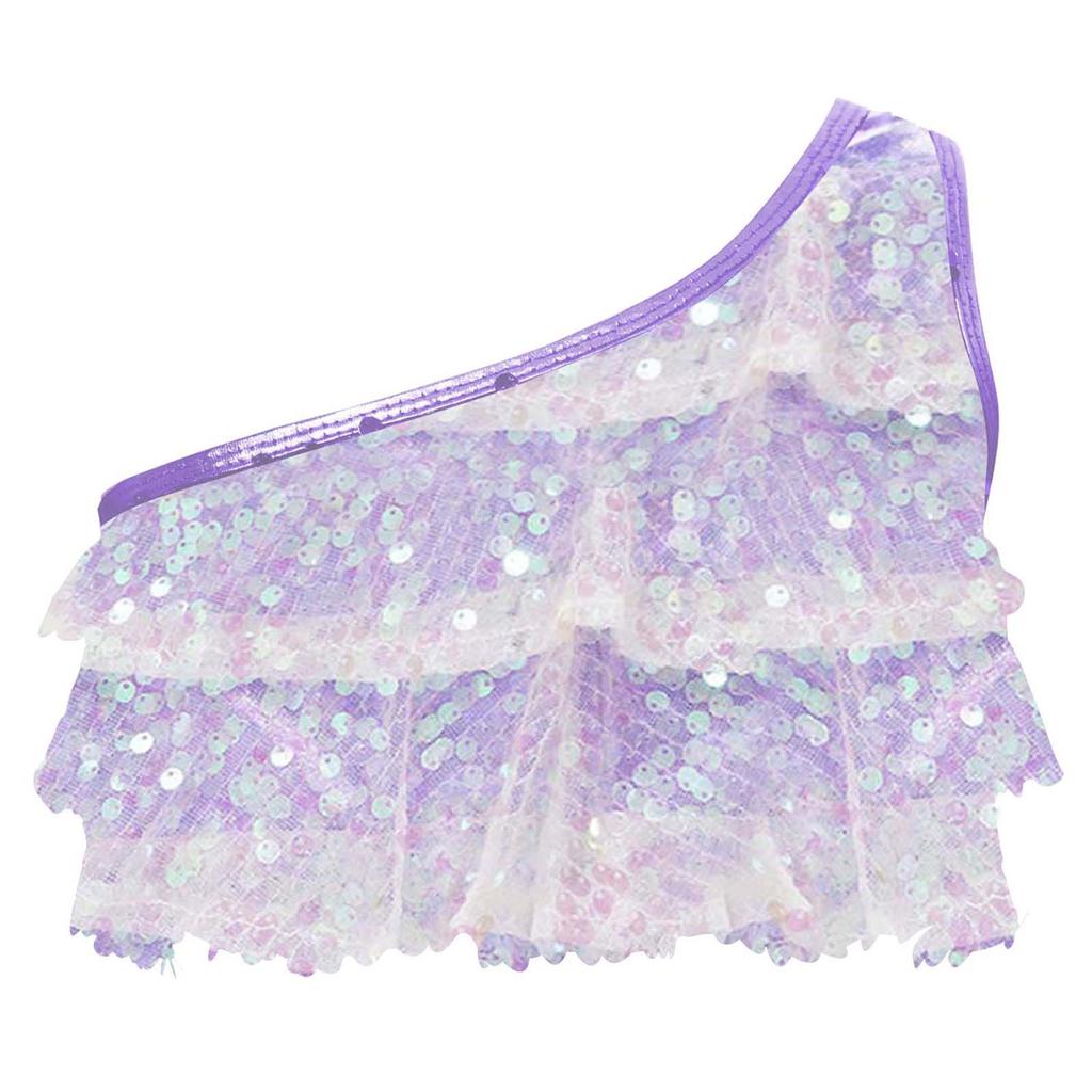 Girls Dance Top Shiny Sequins Tiered Ruffles Sleeveless Crop Top Metallic One Shoulder Vest
