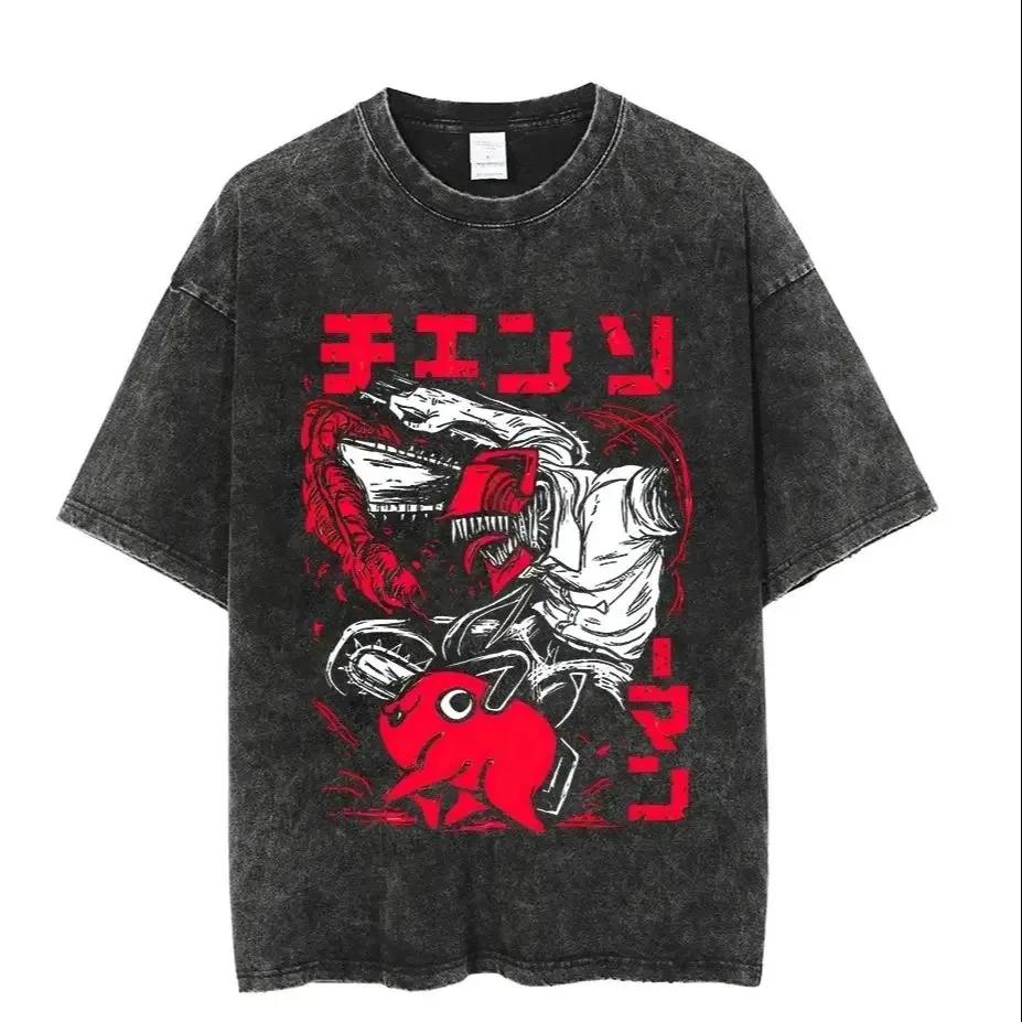 Vintage Washed Tshirts Chainsaw Man Anime T Shirt for Men Women Harajuku Oversize Tee Cotton Fashion Streetwear Unisex Tops