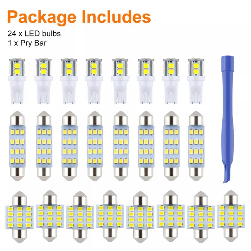 24Pcs Universal T10 Car Led Light Bulb White Car Interior Dome License Plate Festoon Map Reading Light Mixed Lamp Set