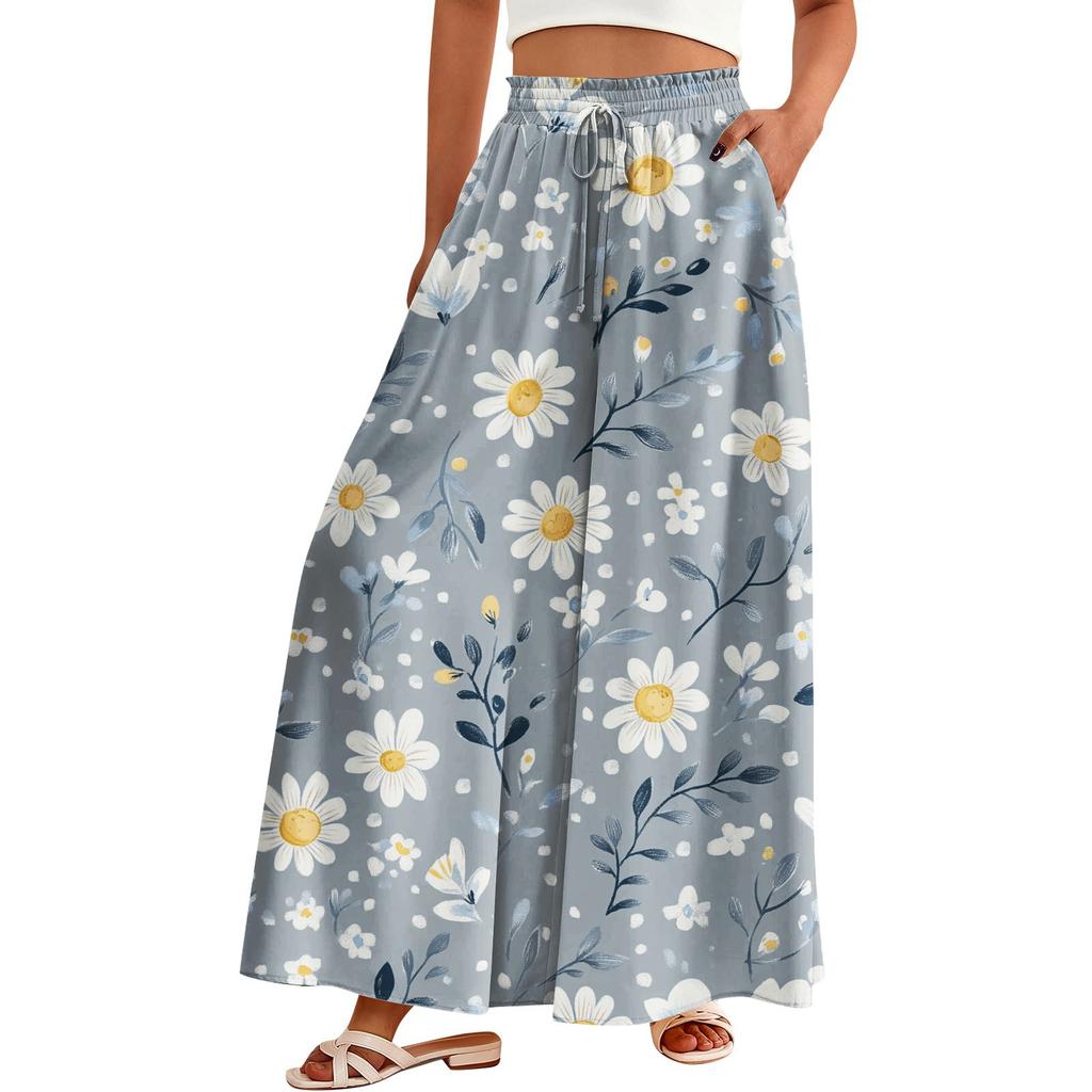 Women's Palazzo Pants Boho Floral Wide Leg Trousers Summer Beach High Waisted Flowy Pants With Pockets