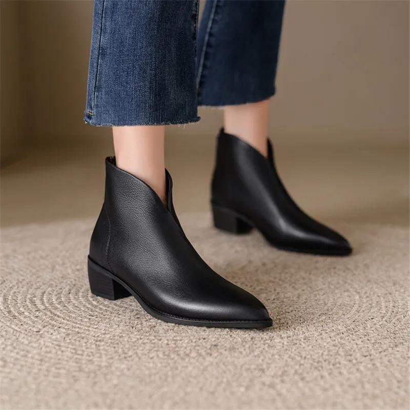 Fashion New Women Genuine Leather Ankle Boots Pointed Toe Chunky Heel Boots for Women Winter Fashion Short Boots Concise Women Boots