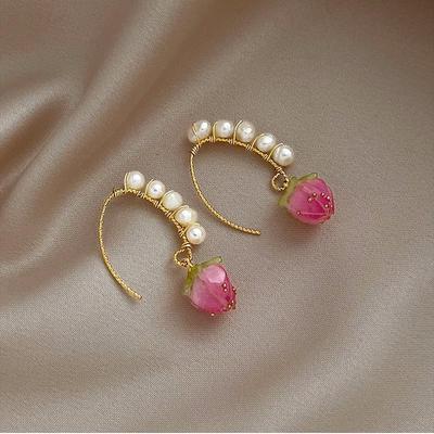 S925 Silver Needle Pink Flower Dangle Earrings with Imitation Pearls - Elegant & Sweet 2023 Design for Women