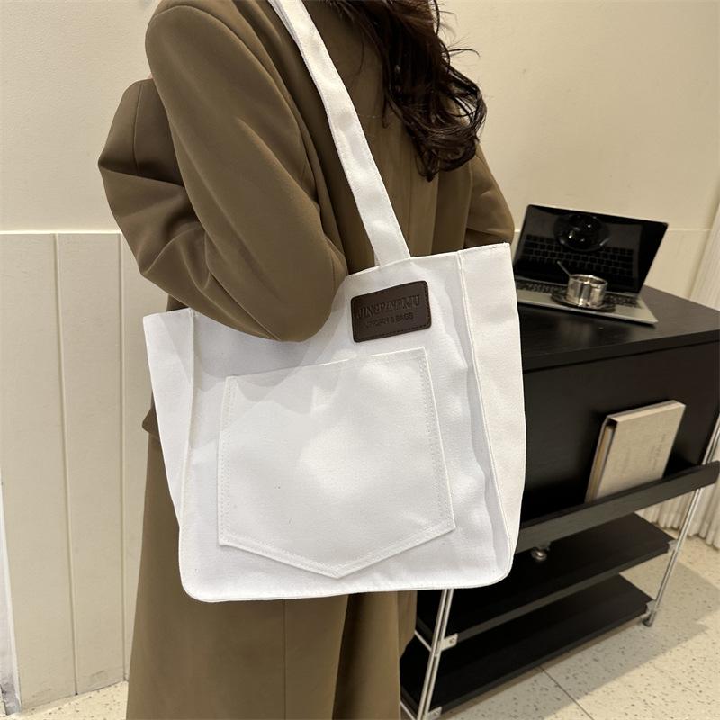 2025 Canvas New Large-capacity Casual Simple Fashion Simple Portable Solid Color Tote Shoulder Bag Women