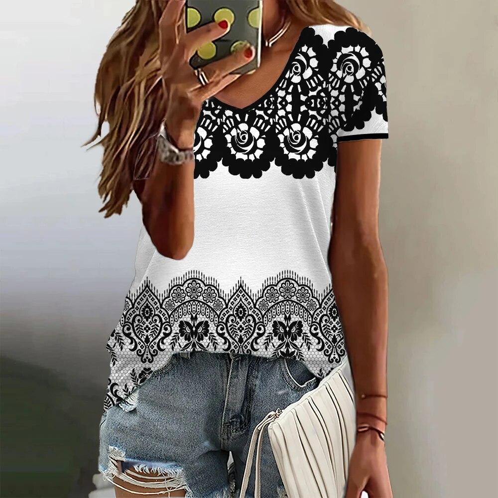 Gradient Pattern Women's T Shirt Summer V Neck Casual Short Sleeve Tees Female Oversized Harajuku Clothing Fashion Girls Blouse