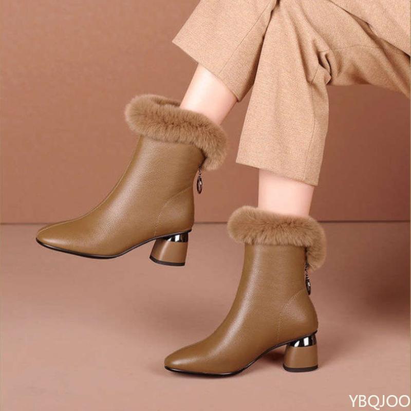 

Зимние толстые плюшевые женские ботинки тренд молния сзади массивный каблук женские дизайнерские ботинки водонепроницаемые холодостойкие ботильоны Botas Mujer 35 темно-коричневого