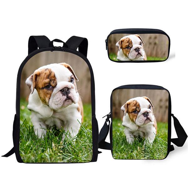 Classici Cuccioli di Bulldog Animali Carini Stampa 3D 3pz/Set zaini per studenti Zaino per Laptop Zaino a spalla inclinata Astuccio