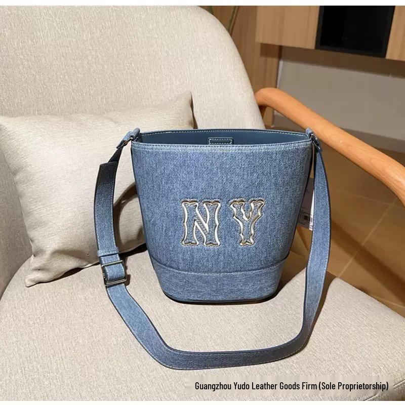 MLB25 Korea Denim Patchwork Bucket Handbag with Adjustable Shoulder Strap for Men and Women