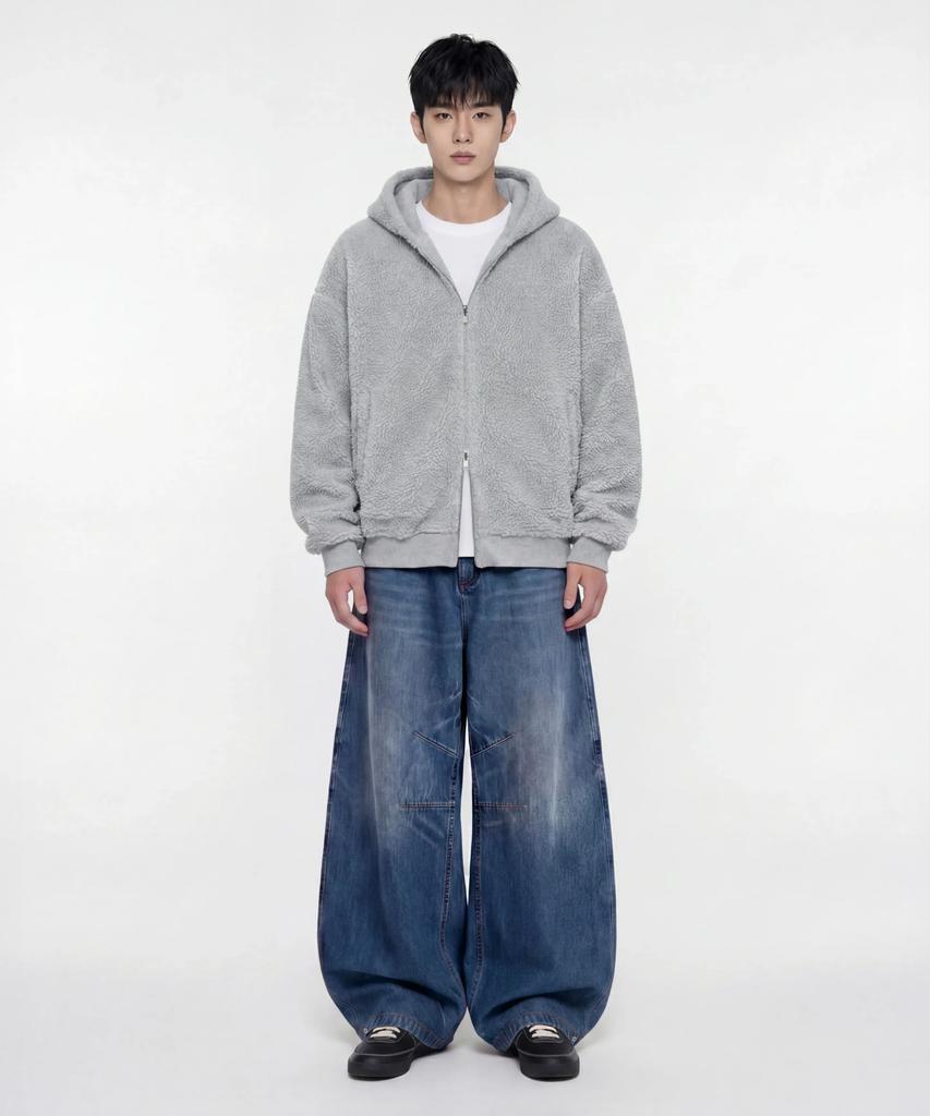 Agod Reversible Heavy Fleece Boa Hooded Zip-Up [Heather Grey]