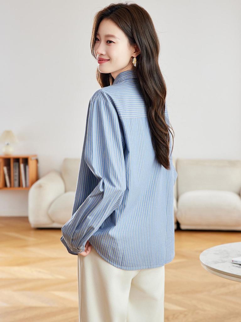 Women's Blue Striped French Vintage Loose Cotton Shirt, Versatile Long Sleeve for Spring & Autumn