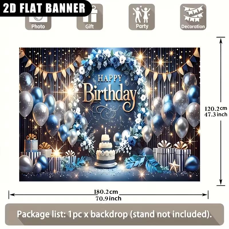 2D Navy Blue Birthday Backdrop, Balloon & Floral Party Background Cloth