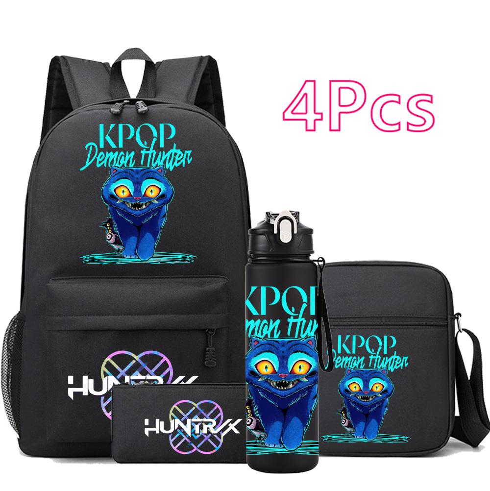 4Pcs/set Cartoon K-pop Printed Backpack Large Capacity Bookbag Shoulder Bag Case Bag with 750ml Water Bottler Boy Girl School Bag Kid Gift