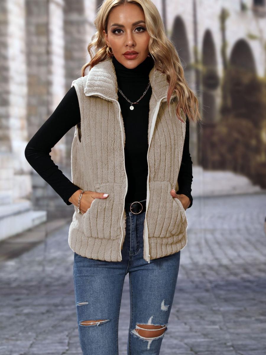 

Faux Fur Ribbed Zip-Up Poncho Jacket for Women M