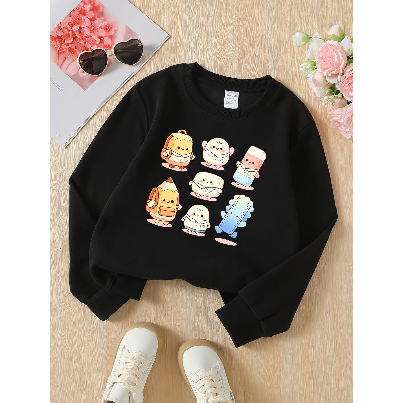 Kids Sweatshirts, Girls' Sweatshirts, Girls' Autumn Winter Fashion Cute Stationery Characters Print Print Long Sleeve Round Neck Sweatshirt