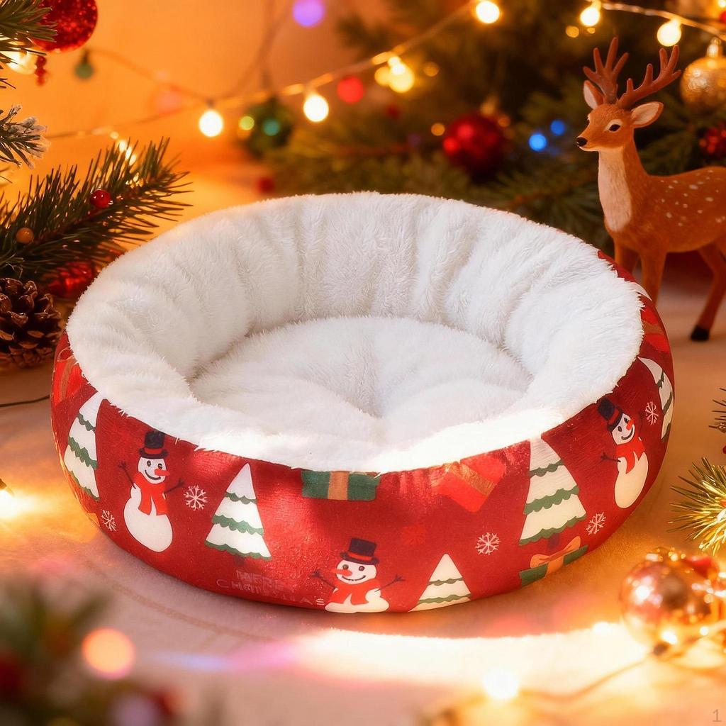 Christmas Pet Bed Dog Cat Round Kennel Mat Winter Warming Puppy Kitten Nest Cushion for Small