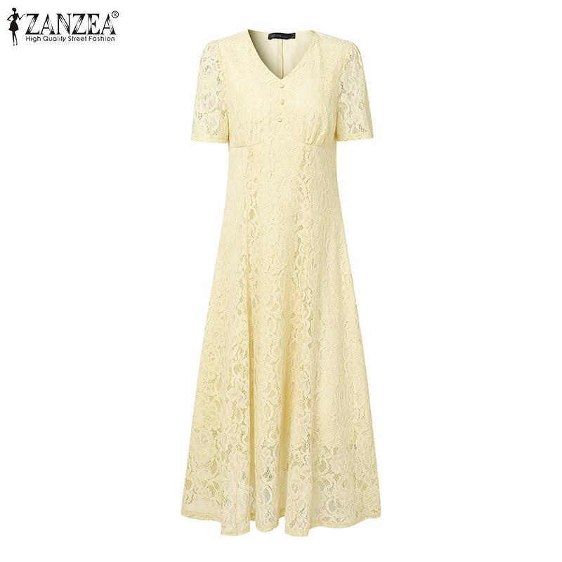 ZANZEA Damen Lässig V-Ausschnitt Kurzarm Elegantes Patchwork Spitzenkleid