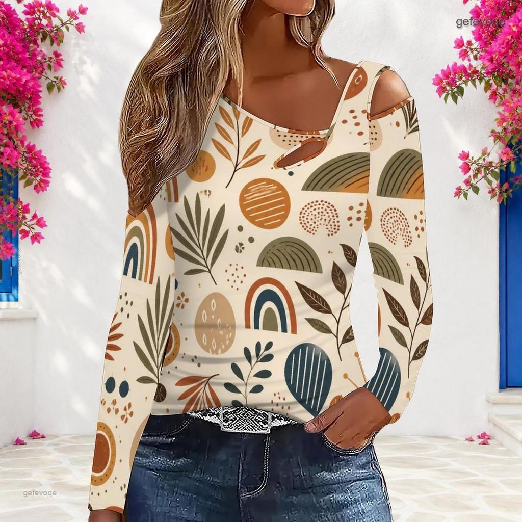 Women Plus Size White Blue Floral Paisley Printed Asymmetric Cutout Neck Cold Shoulder Long Sleeve Fitted Blouse