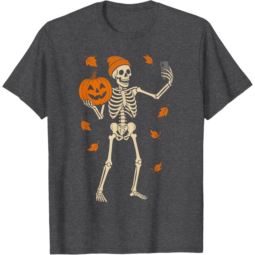 Funny Skeleton Selfie Graphic Tee Halloween Autumn Pumpkin Fall Season Casual Round Neck T-Shirt