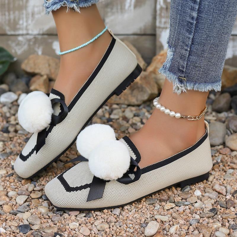 Autumn New Flat Shoes Women's Square Head Shallow Mouth Mesh Cloth Breathable Butterfly Knot Soft Sole Non-slip Single Shoes