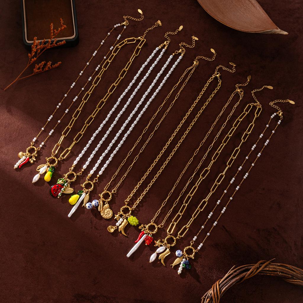 Stainless steel fruit heart boots ins high-end feeling collarbone chain pearl starfish necklace gold-plated